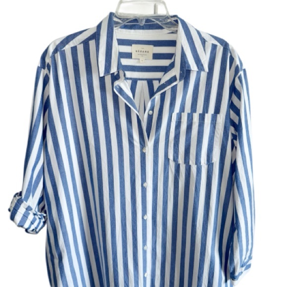 Sezane Maxine Shirt Dress Blue/White Stripe Sz Large Nautical Beachy - Picture 10 of 14
